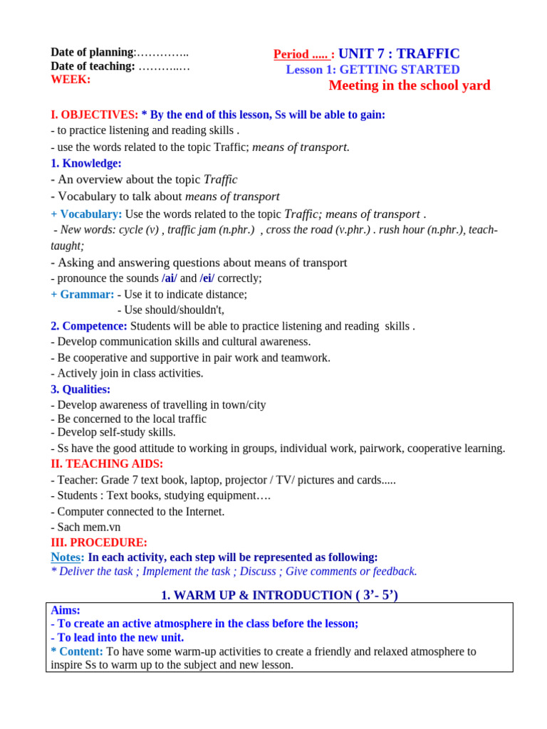 Unit 7 - Lesson 1 - Getting Started | PDF | Vocabulary | Teachers