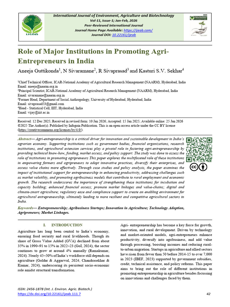 Role of Major Institutions in Promoting Agri-Entrepreneurs in India ...