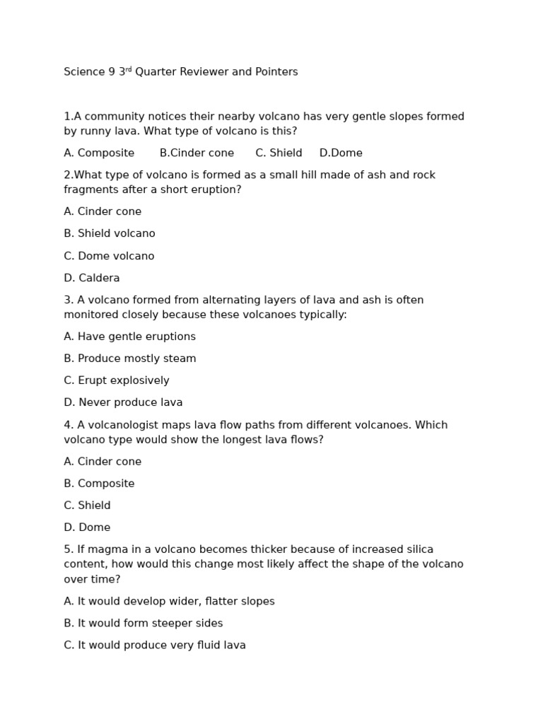 Science 9 3rd Quarter Reviewer and Pointers | PDF | Volcano | Magma