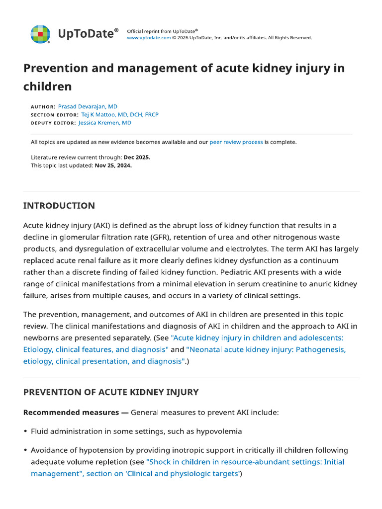 Prevention and Management of Acute Kidney Injury in Children | PDF