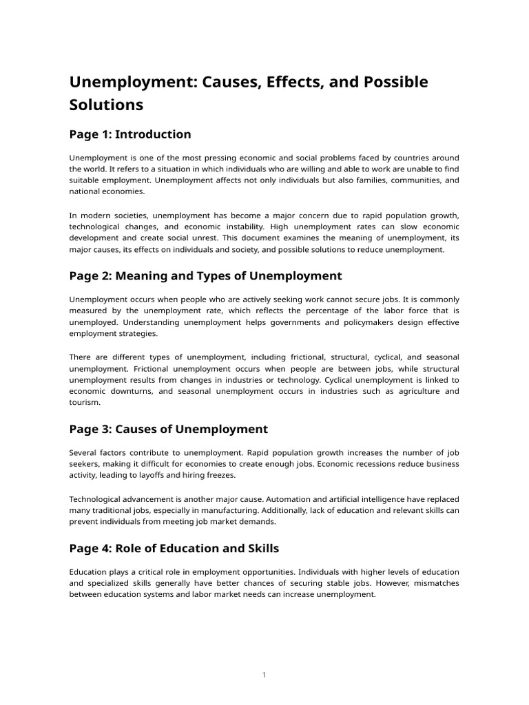 Unemployment - Causes, Effects, and Possible Solutions | PDF ...