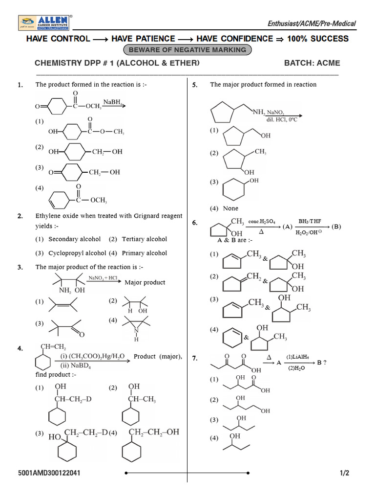 Alcohol & Ether, PhenolSheet # 1 To 6 | PDF | Ether | Unit Processes