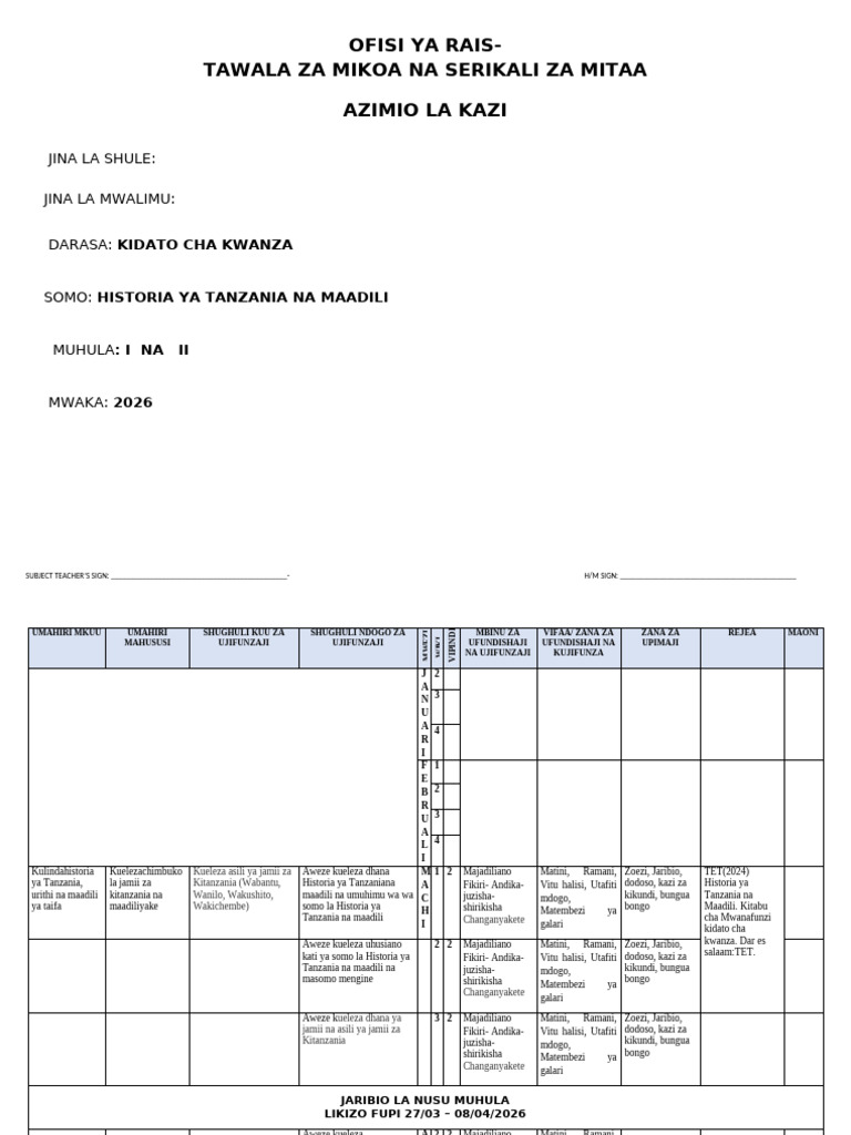 Azimio Historia Form I New 2026 | PDF