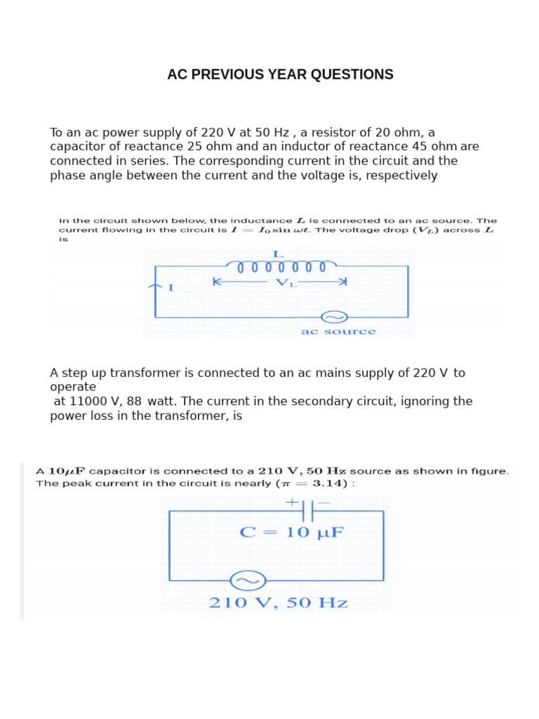 Alternating Current (AC Previous Year Questions) | PDF