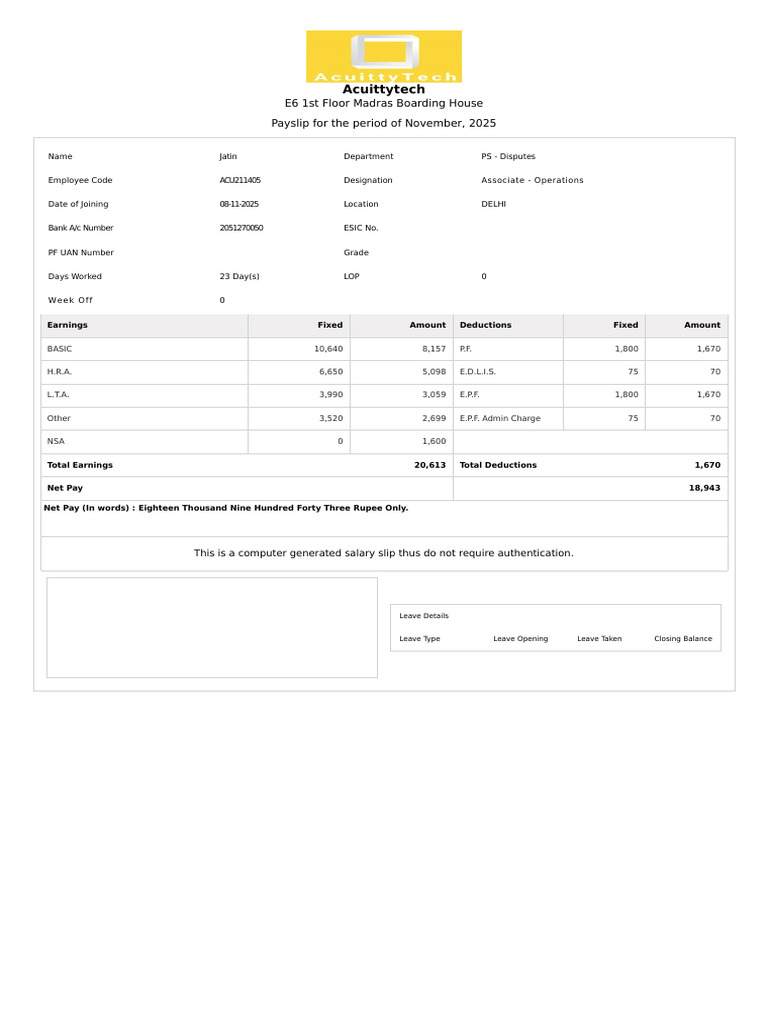 Salary Slip November 2025 | PDF | Tax Deduction | Taxes