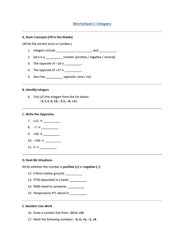 Worksheet I Integers | PDF