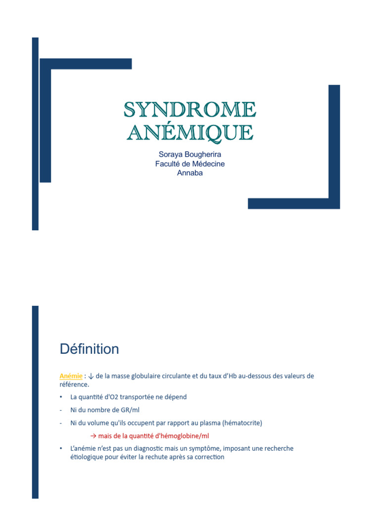 C03 Diapo 01 - Syndrome - Anémique - 2024 | PDF | Anémie | Tissu biologique