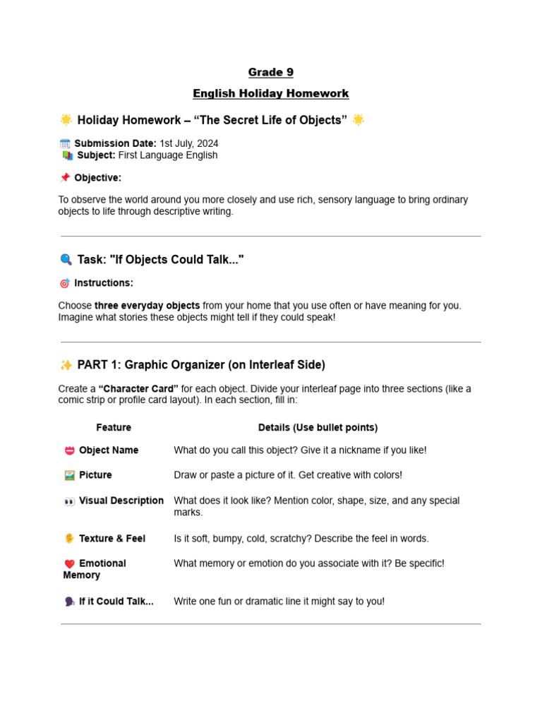 Grade 9 English Holiday Homework | PDF