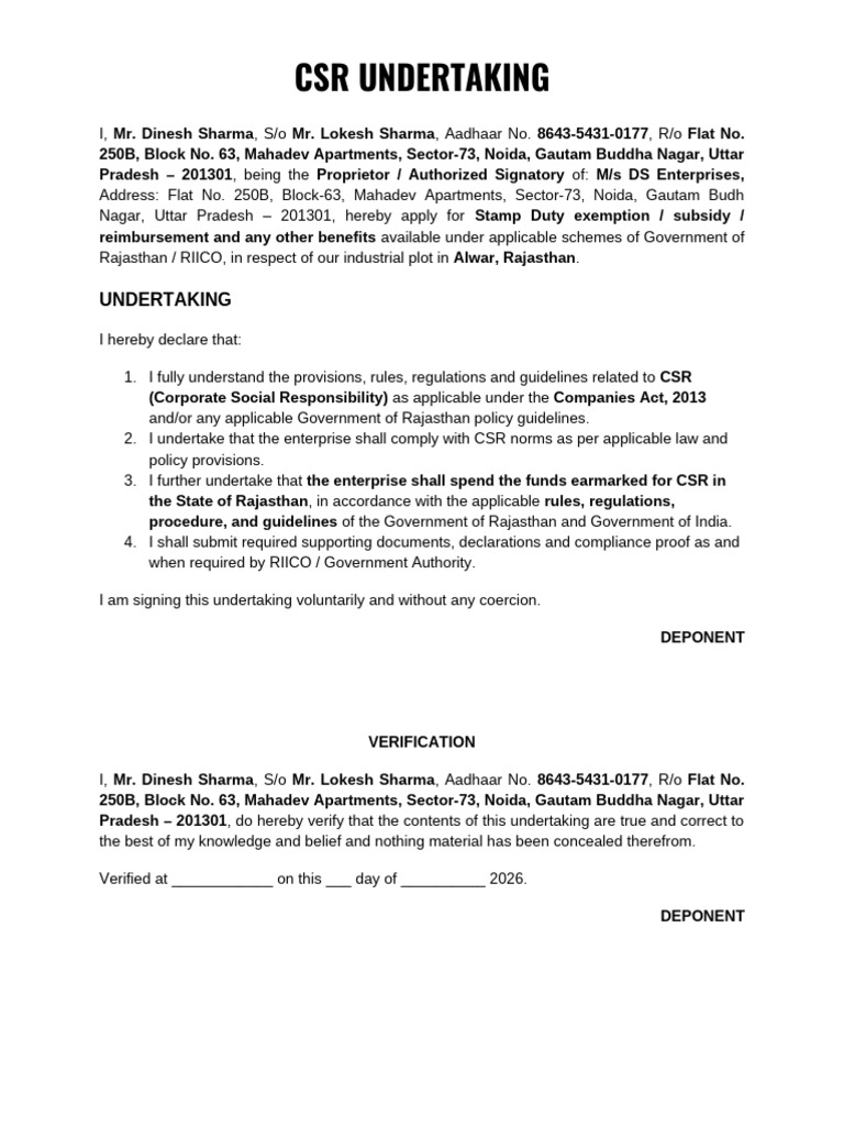 CSR Undertaking | PDF