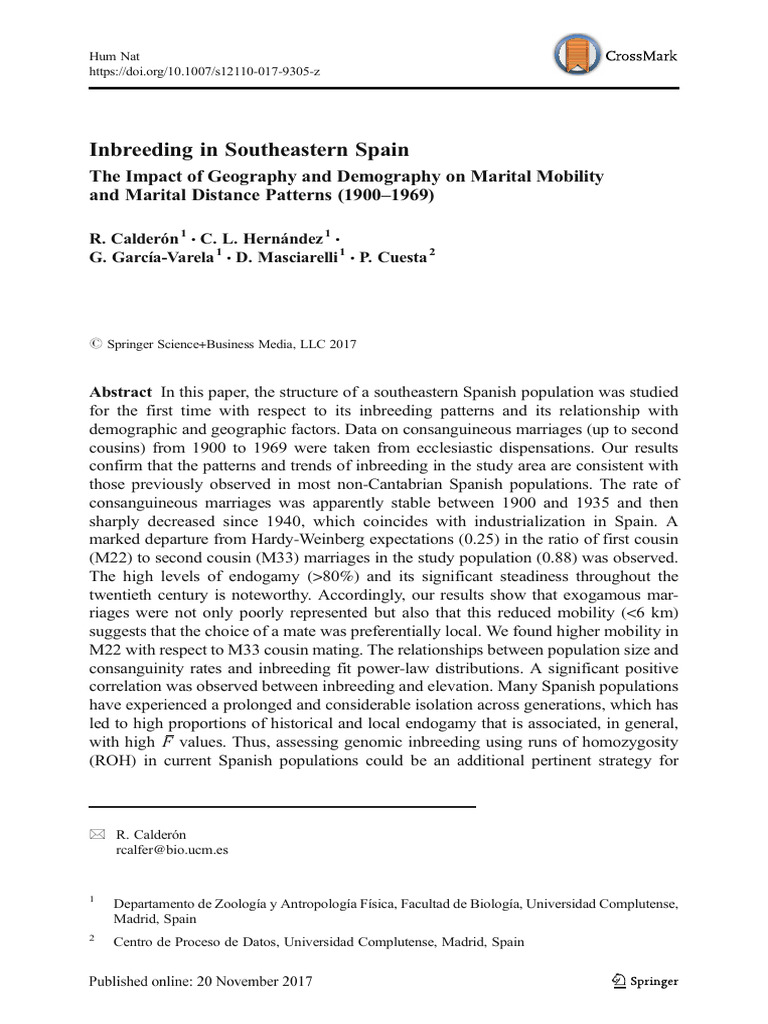 Calderón Et Al 2018 - Inbreeding in Southeastern Spain - Marital ...