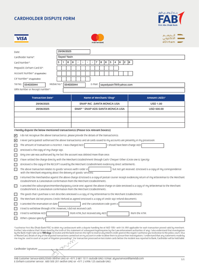Cardholder Dispute Form 1 | PDF | Credit Card | Payments