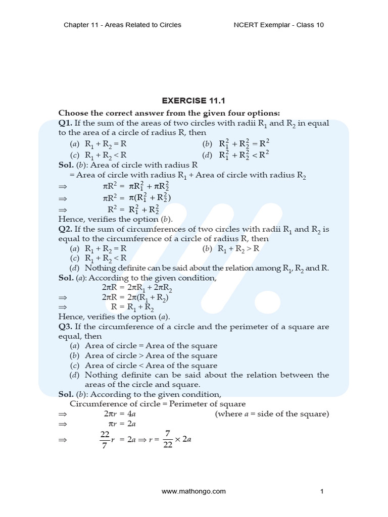 Ncert Exemplar Math Class 10 Chapter 11 Areas Related to Circles | PDF ...