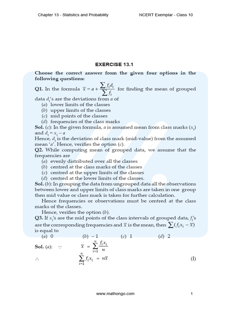 Ncert Exemplar Math Class 10 Chapter 13 Statistics and Probability ...