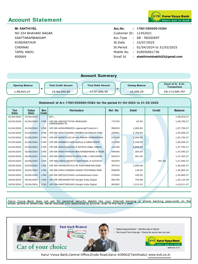 KVB 01.04.2024 to 31.03.2025 | PDF | Debits And Credits | Corporate Jargon
