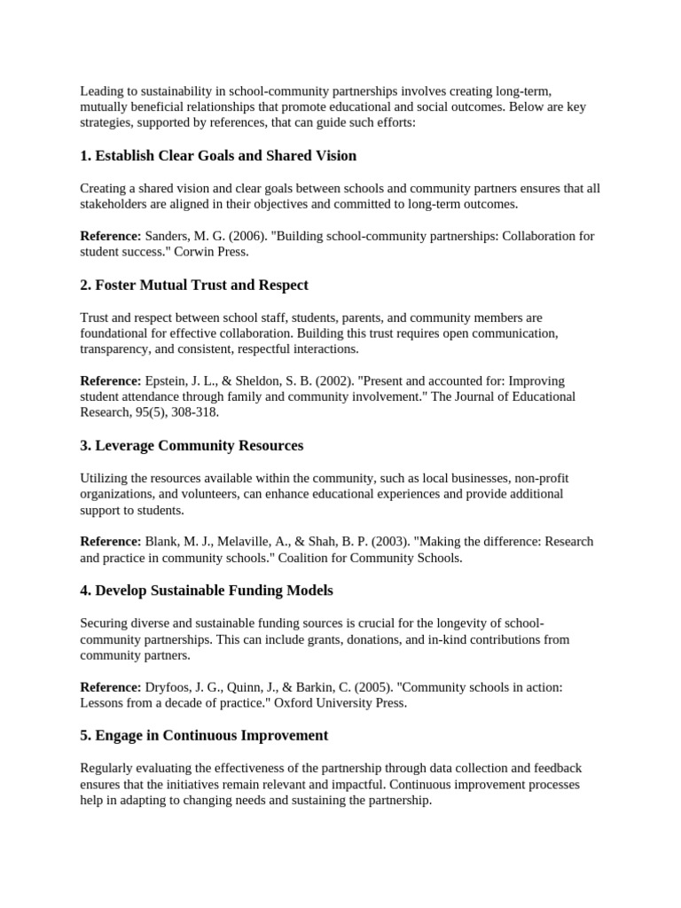 Leading To Sustainability in School Community Partnership | PDF ...