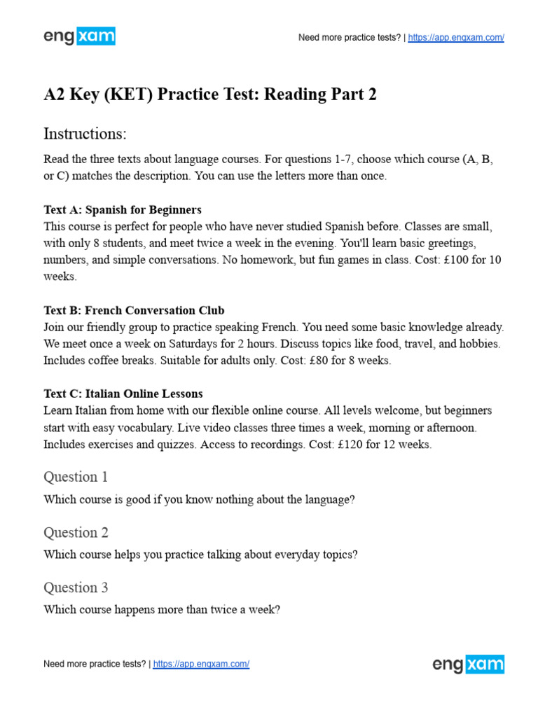 A2 Key KET Practice Test 3 Reading Part 2 | PDF