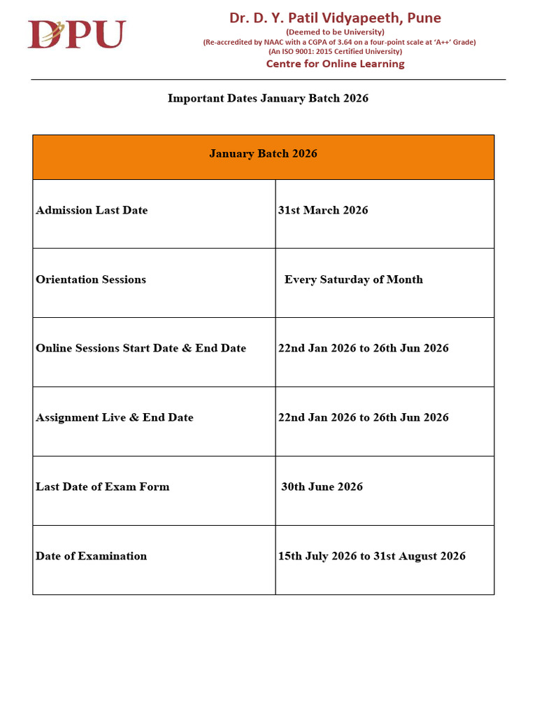 Imp Dates - January Batch 2026 | PDF