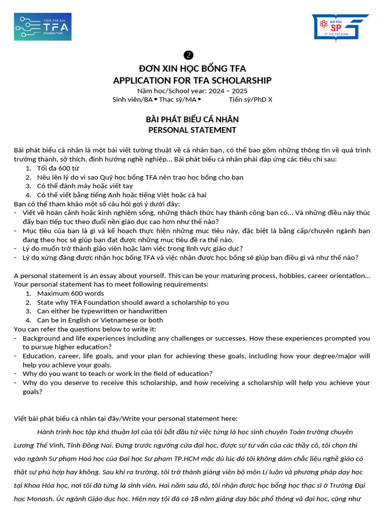 TFA Personal Statement | PDF