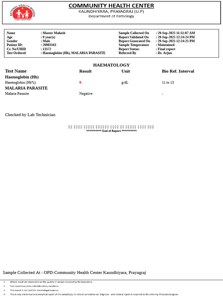 Test Name: Haematology Result Unit Bio Ref. Interval | PDF