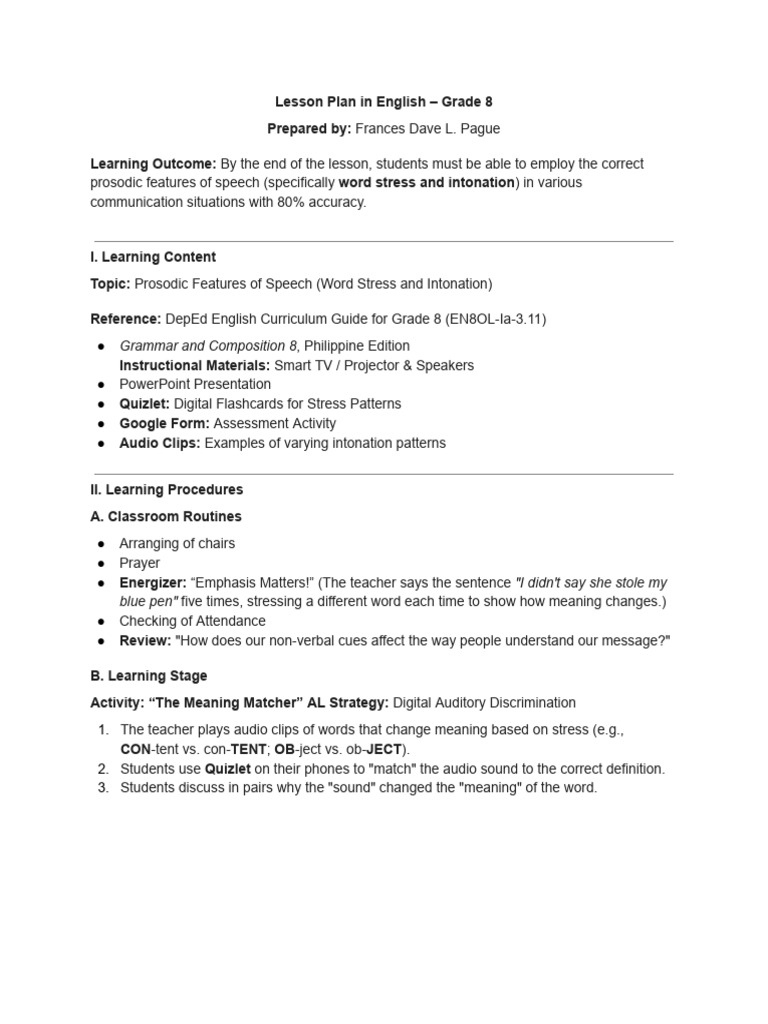 Lesson Plan Revision Prosodic Features | PDF | Stress (Linguistics ...