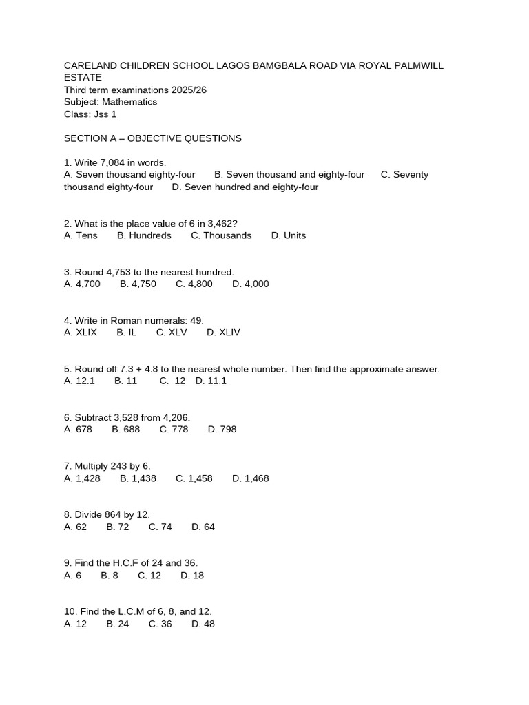 Mathematics Questions JSS 1 - JSS 3 | PDF | Numbers | Mathematical Concepts