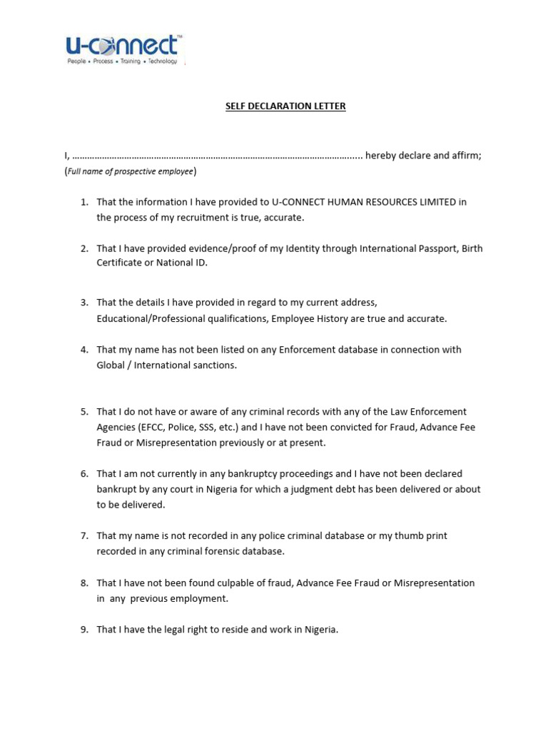Self Declaration Letter | PDF | Criminal Record | Justice