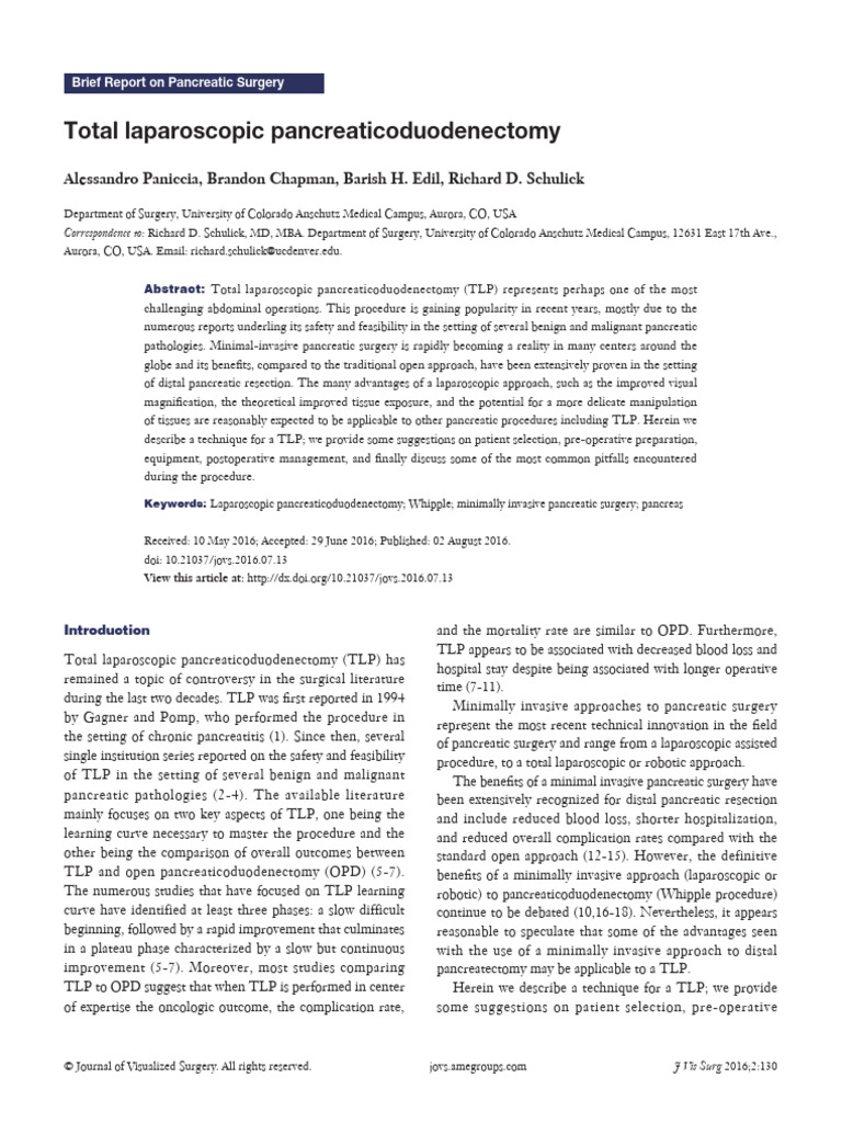 Alessandro Paniccia - Total Laparoscopic Pancreaticoduodenectomy | PDF