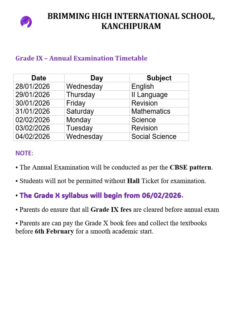 Grade 9 Annual Examination Timetable | PDF