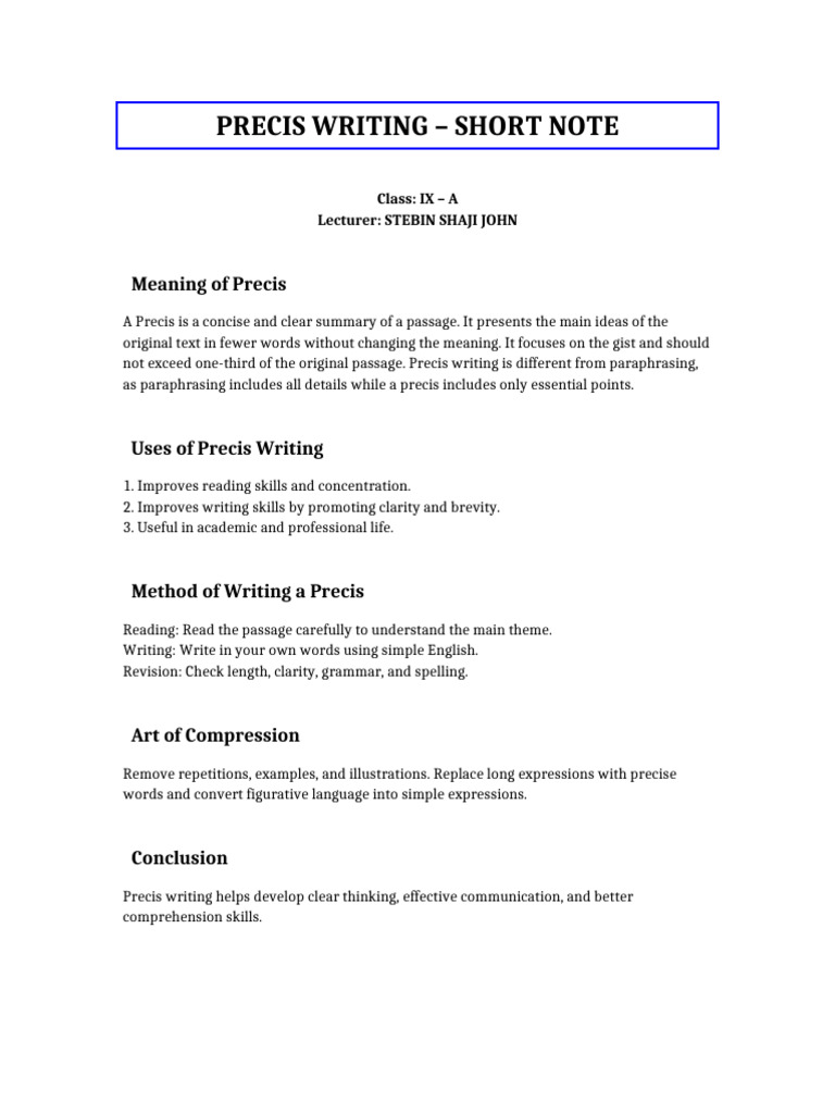 Precis Writing Class IX A | PDF