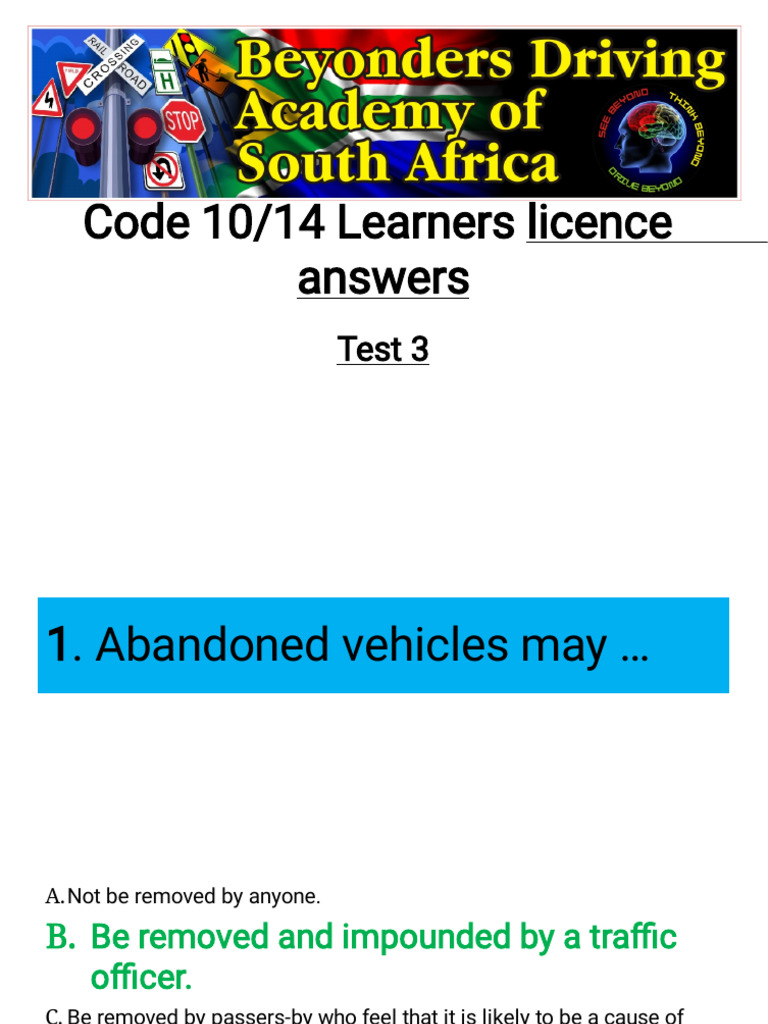 Code 10 14 Learners Licence Test 3 Answers | PDF | Traffic | Traffic Light