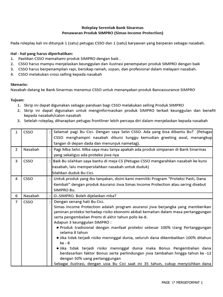 Script Bank Sinarmas Simpro - SQ Kanwil Semarang | PDF