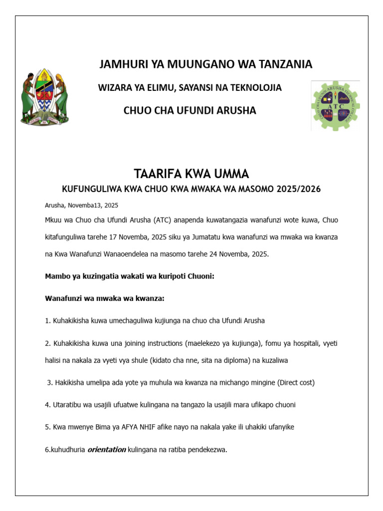 Jamhuri Ya Muungano Wa Tanzania: Taarifa Kwa Umma | PDF