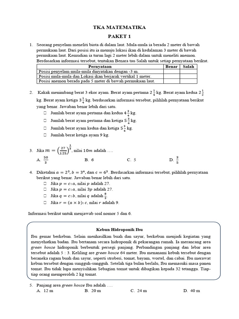 Paket 1 Tka Matematika Les | PDF