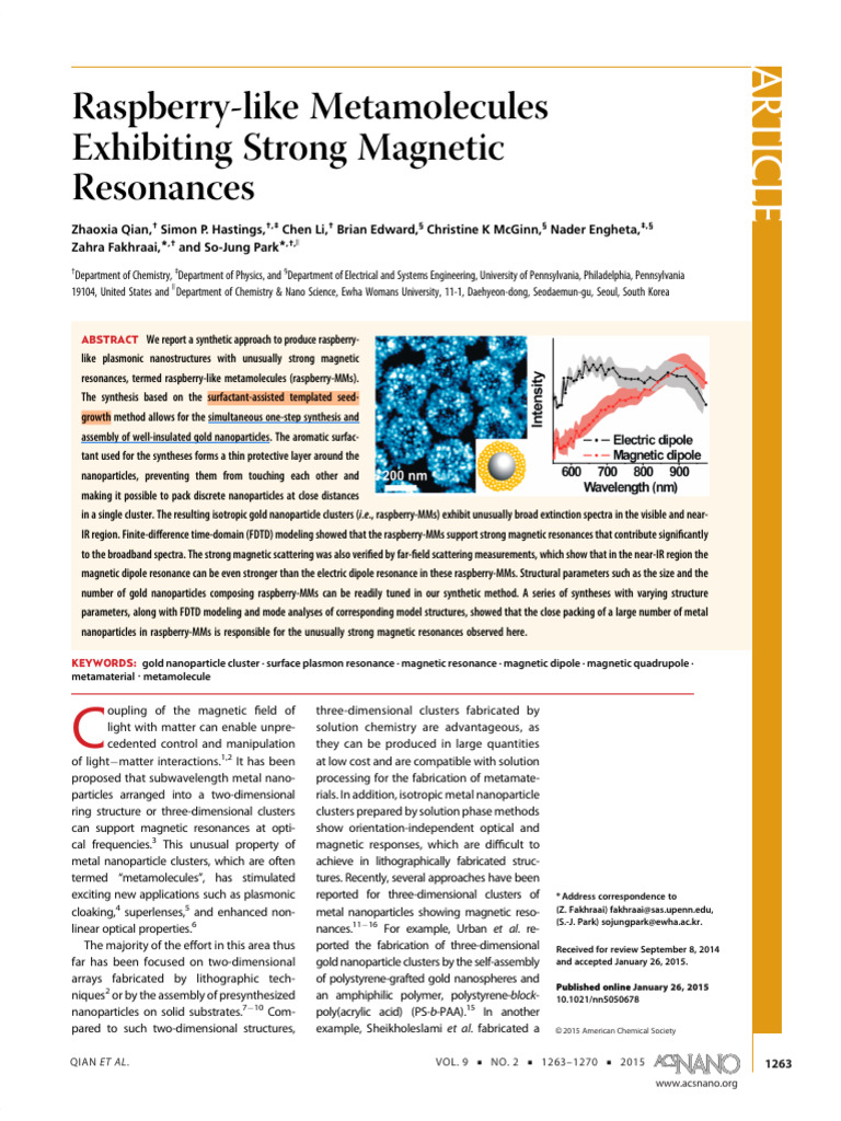 (2015) Raspberry-Like MetamoleculesExhibiting Strong MagneticResonances ...