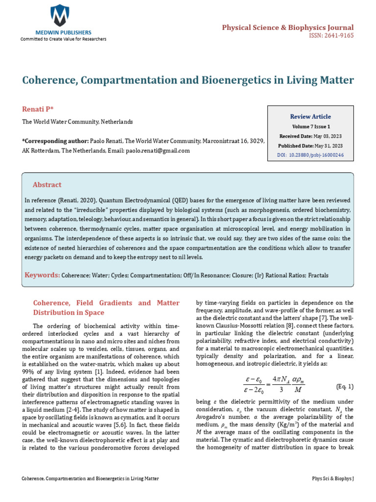 Coherence Compartmentation and Bioenergetics in Living Matter | PDF ...