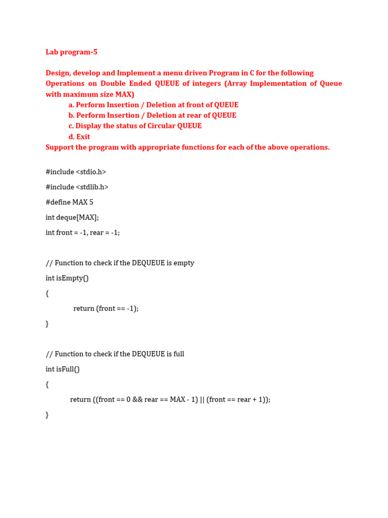 Lab Program 5 - DE Queue | PDF | Queue (Abstract Data Type) | Computer ...