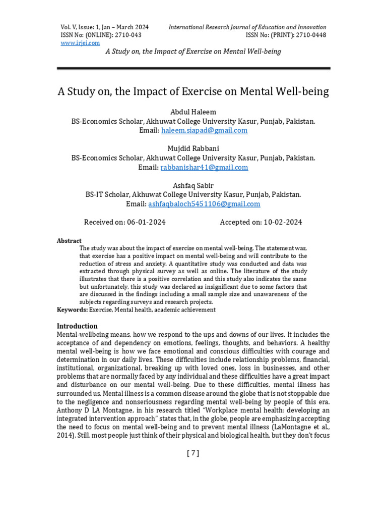 A Study On, The Impact of Exercise On Mental Well-Being | PDF | Errors ...