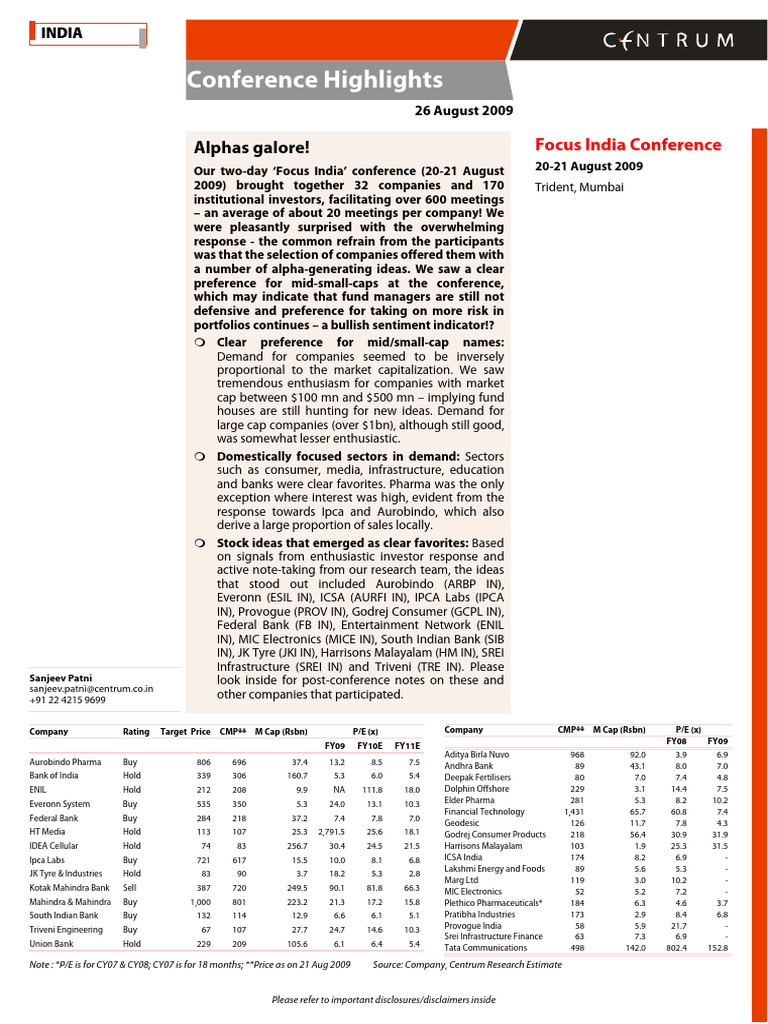 Focus India Conference Report - Centrum | PDF | Income Statement | Expense