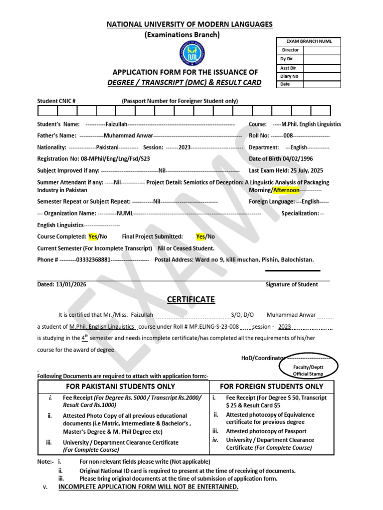NUML Degree Clearance Form | PDF | Academic Degree | Educational Stages