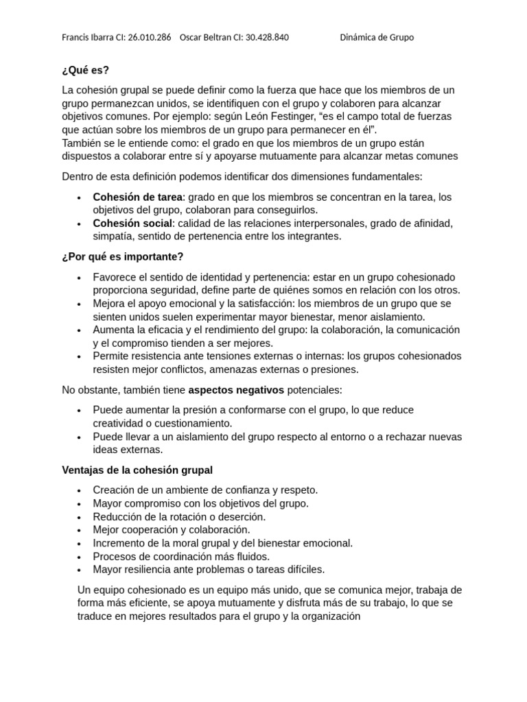 Cohesion Grupal | PDF | Cohesión grupal | Sicología