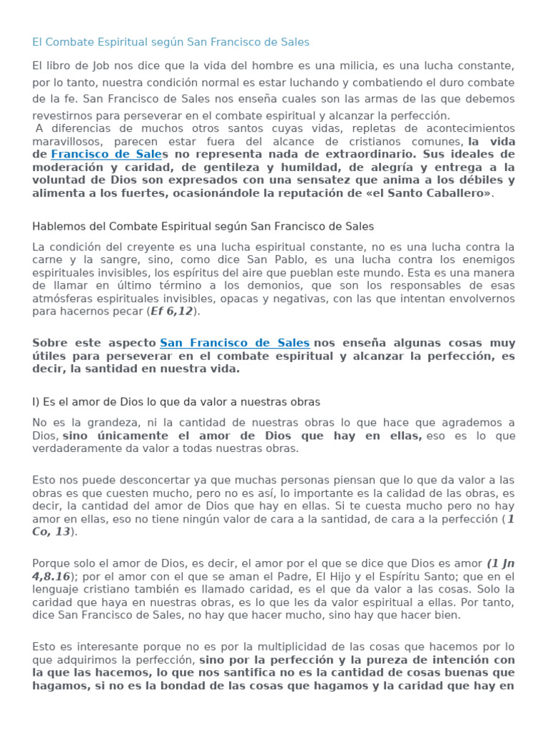 El Combate Espiritual Según San Francisco de Sales | PDF | Amor | Oración