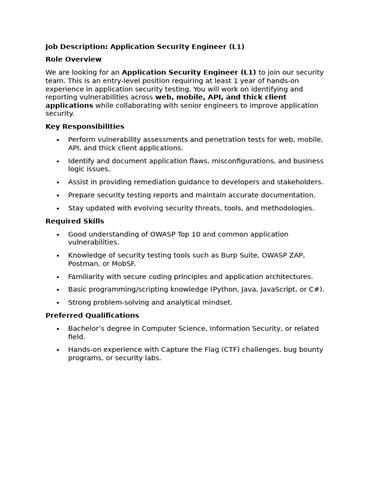 Job Description L1 - Application Security Team | PDF