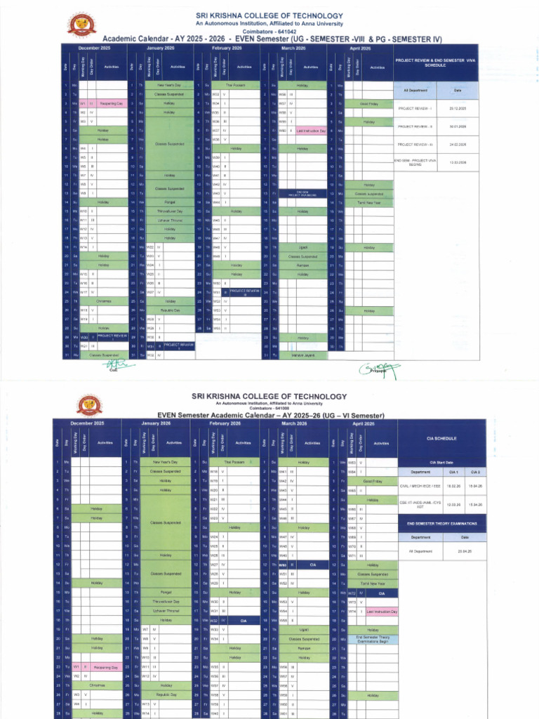 Academic Calendar 2025 2026 Even Semester | PDF