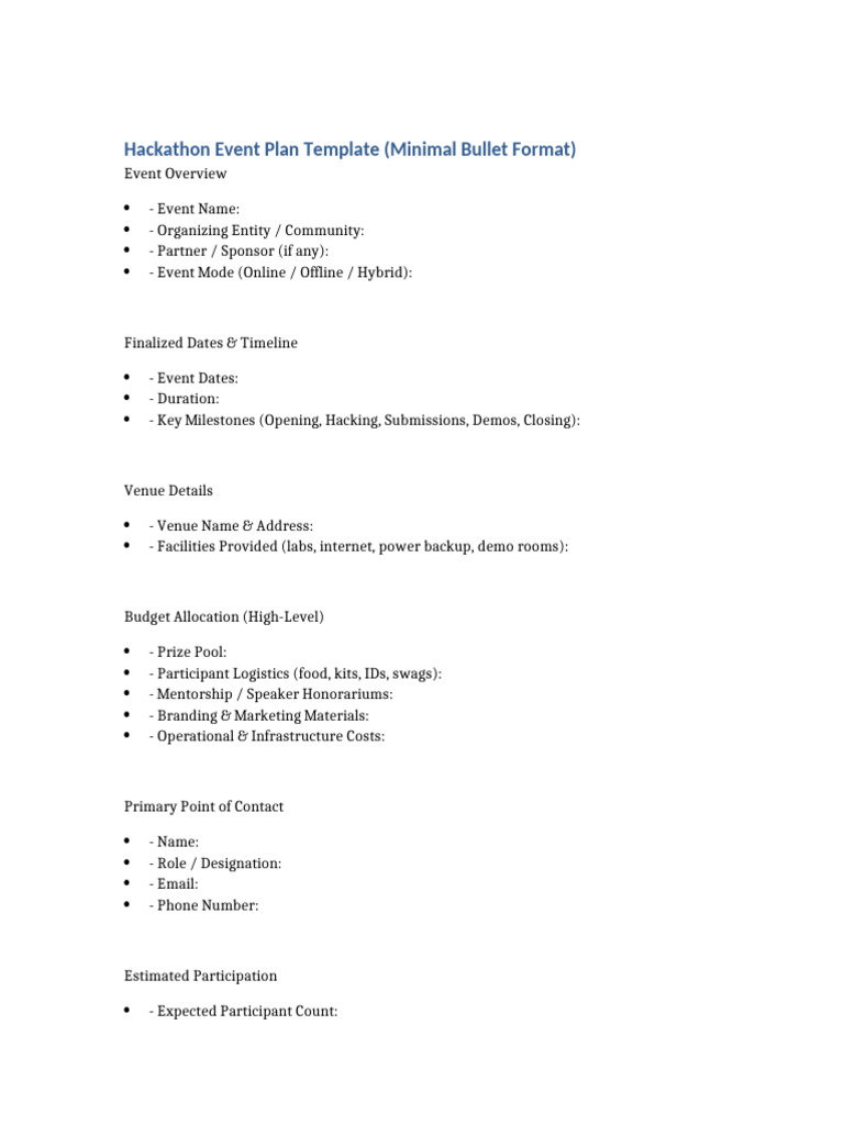 Hackathon Event Plan Template Minimal | PDF