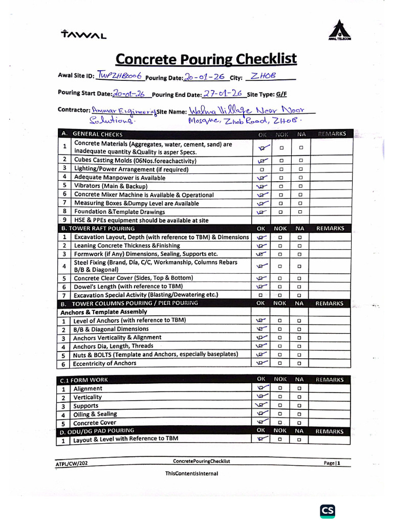 TWPZHB0006 - Concrete Pouring Check List | PDF