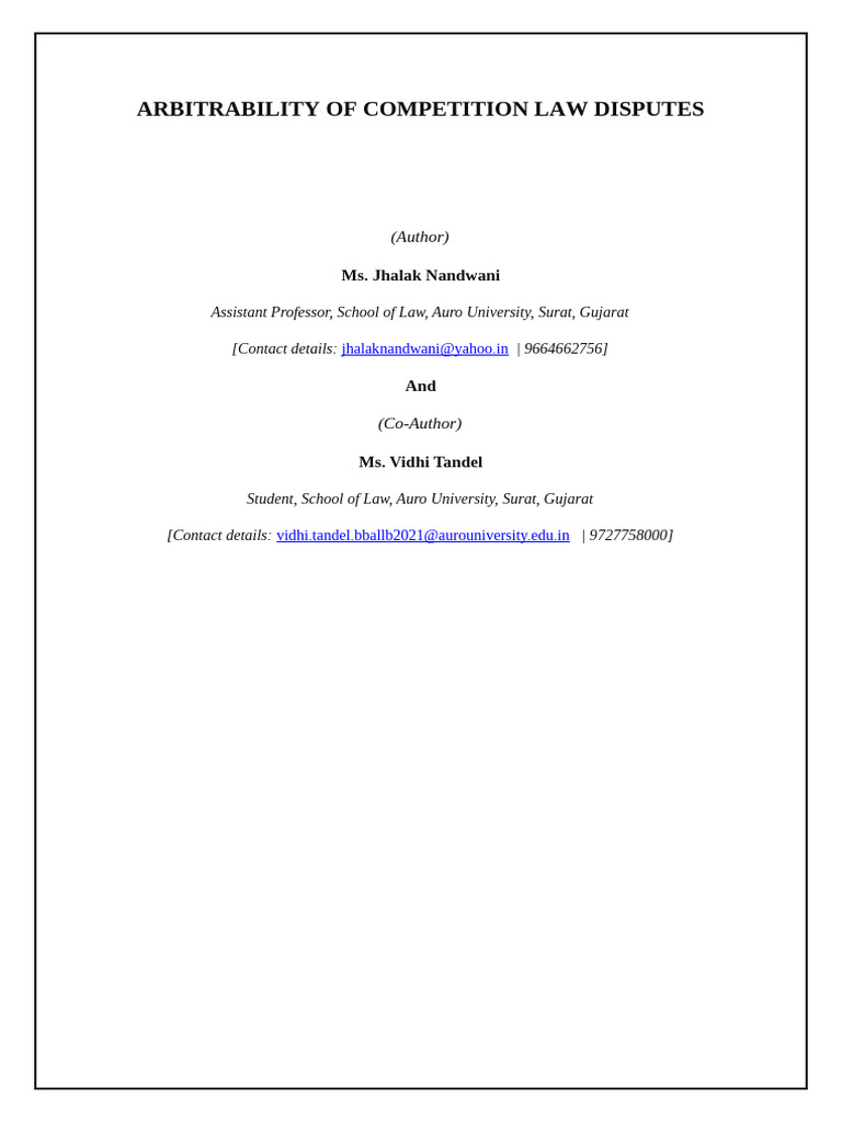 Arbitrability of Competition Law Disputes Rearch Paper Navrachna ...