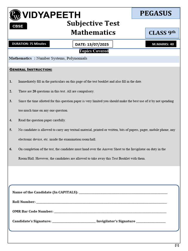 Maths Subjective Test CBSE Class 9th Questions | PDF | Rational Number ...