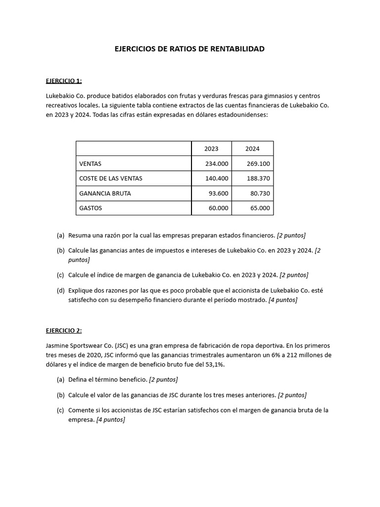Ejercicios de Ratios de Rentabilidad | PDF