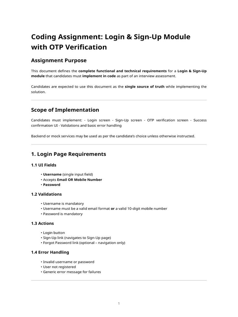 Interview Assessment Assignment - Login & Sign-Up Module | PDF ...