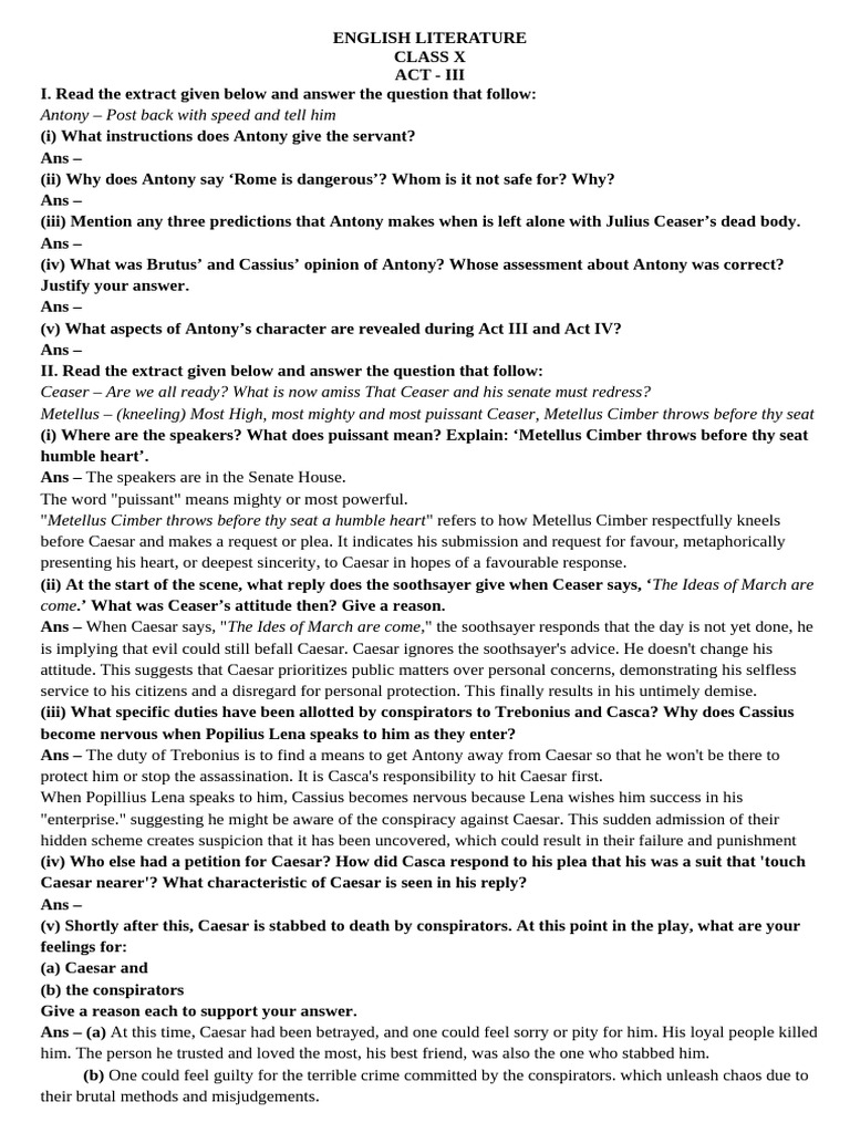 English Literature Act 3 Important Questions | PDF | Julius Caesar ...